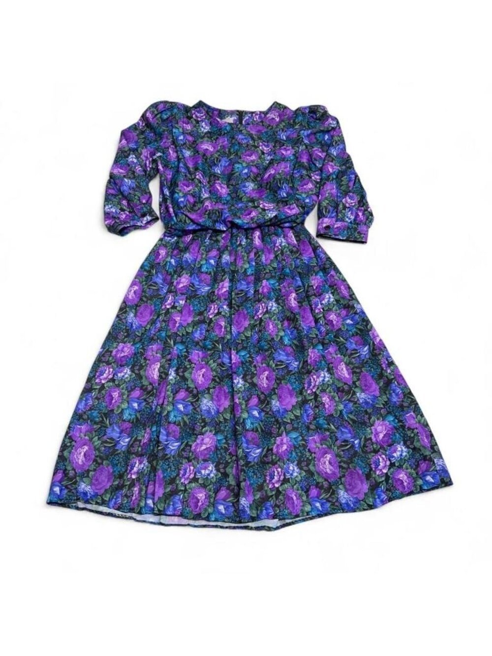 Vintage 80's Floral Blouson Pleated Midi Dress Women's 8 Petite Retro Maximalist